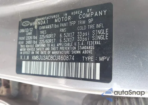 2012 Hyundai Tucson Gls from USA, damaged, VIN KM8JU3AC8CU460874